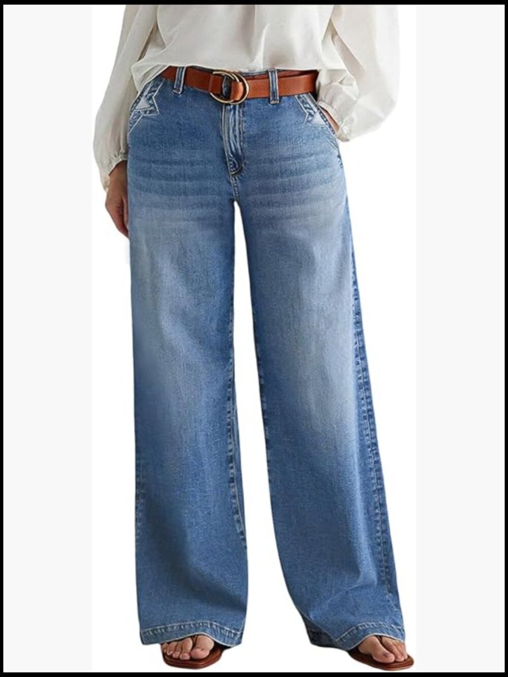 Wide Leg Baggy Jeans with Stitch Decor Denim Mid Waist - Picture 1 of 6